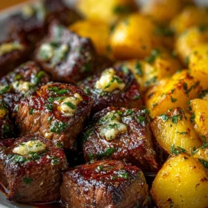 Air Fryer Garlic Butter Steak Bites and Potatoes