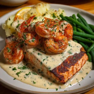 Cajun Shrimp and Salmon with Garlic Cream Sauce Dinner