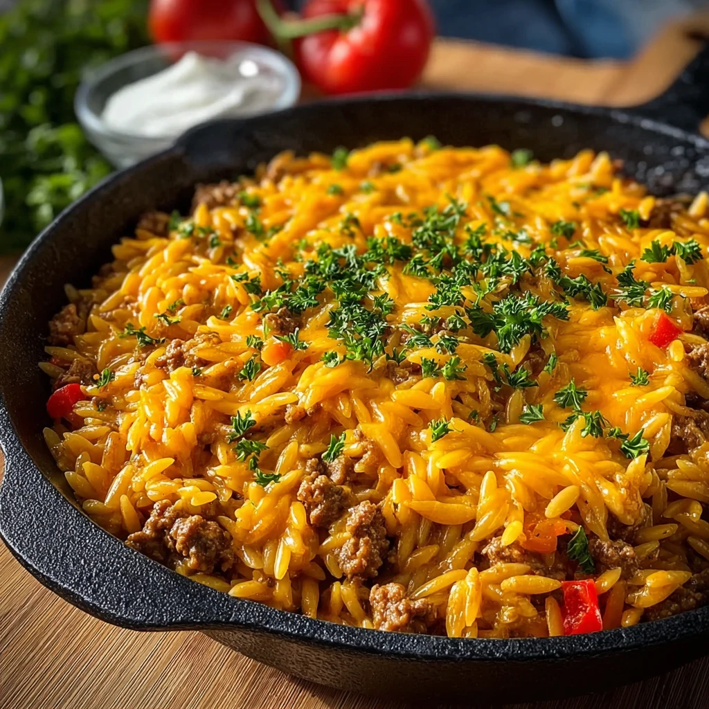 Cheesy Cheeseburger Orzo Skillet