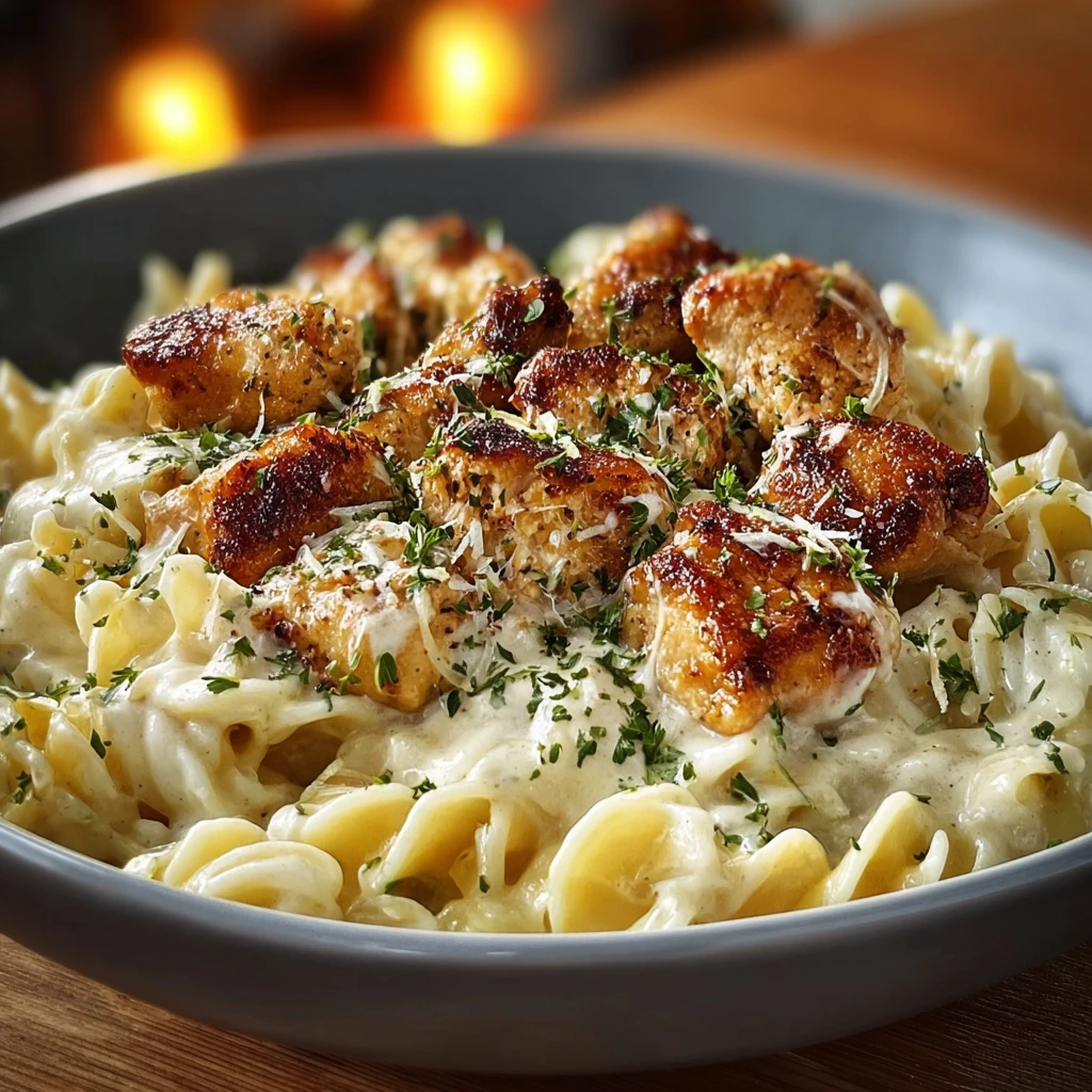 Golden Garlic Chicken Bites Over Creamy Parmesan Pasta