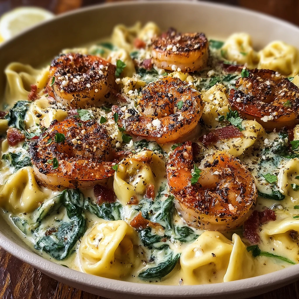 One Pot Shrimp Creamy Garlic Tortellini