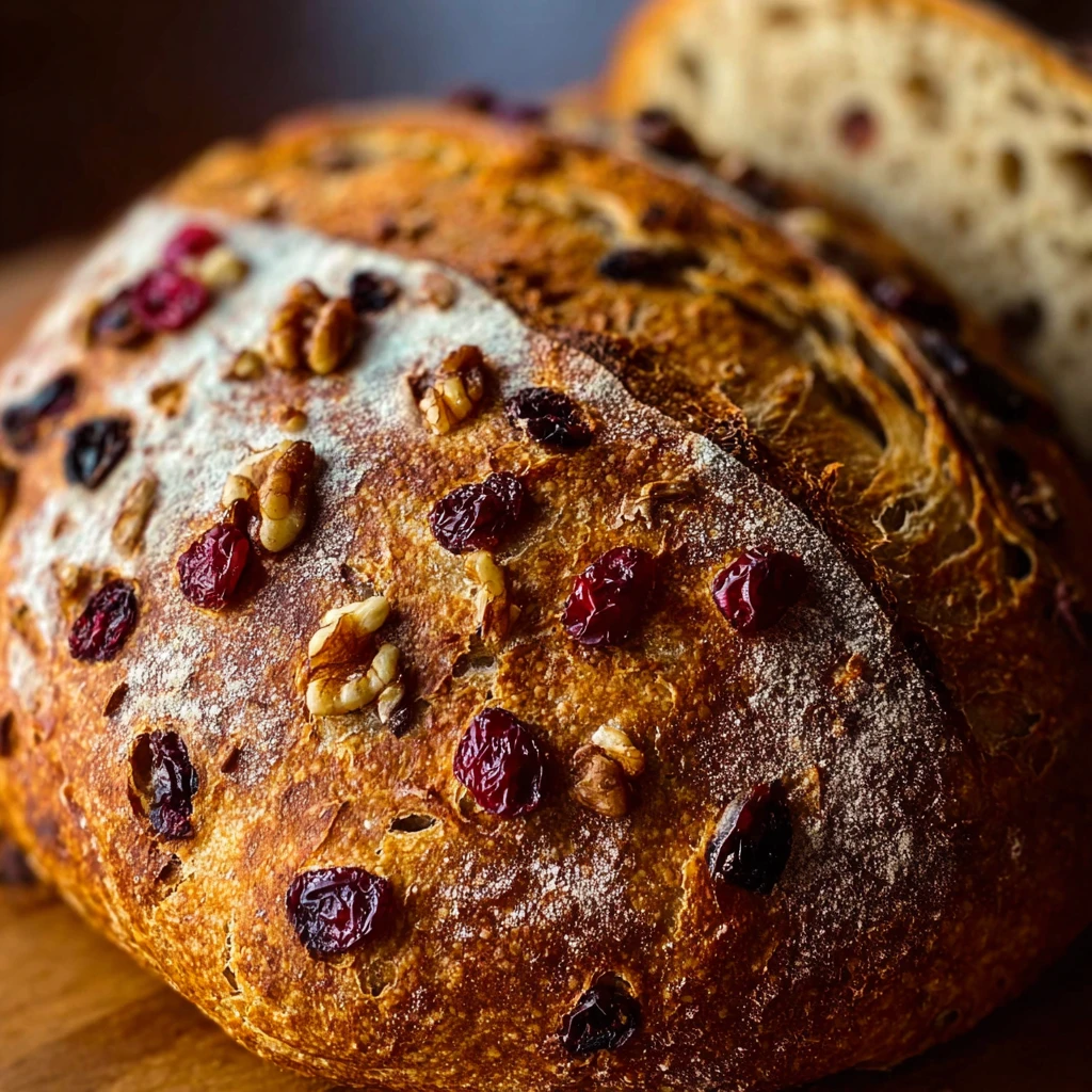 cranberry walnut bread sliced on a wooden cutting board with dried cranberries and walnuts