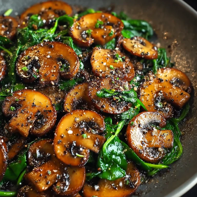 sautéed mushrooms and spinach with garlic in a skillet topped with Parmesan cheese