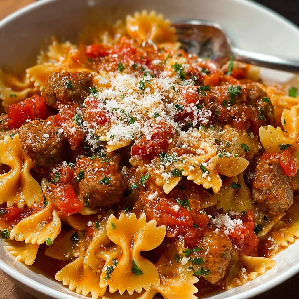 Italian sausage bow tie pasta with tomato sauce and Parmesan in a skillet
