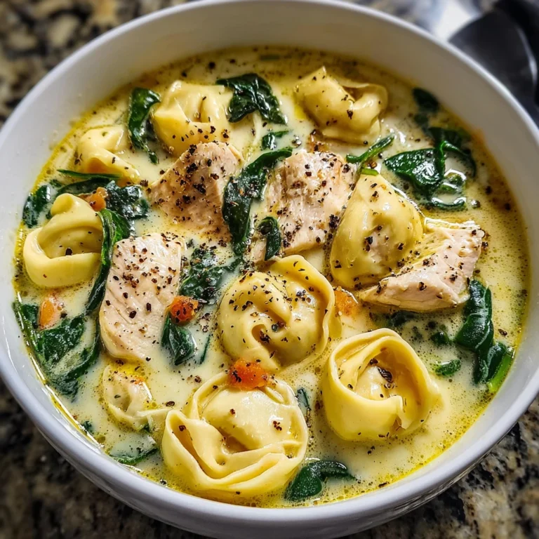 creamy chicken tortellini soup with spinach and Parmesan in a white bowl