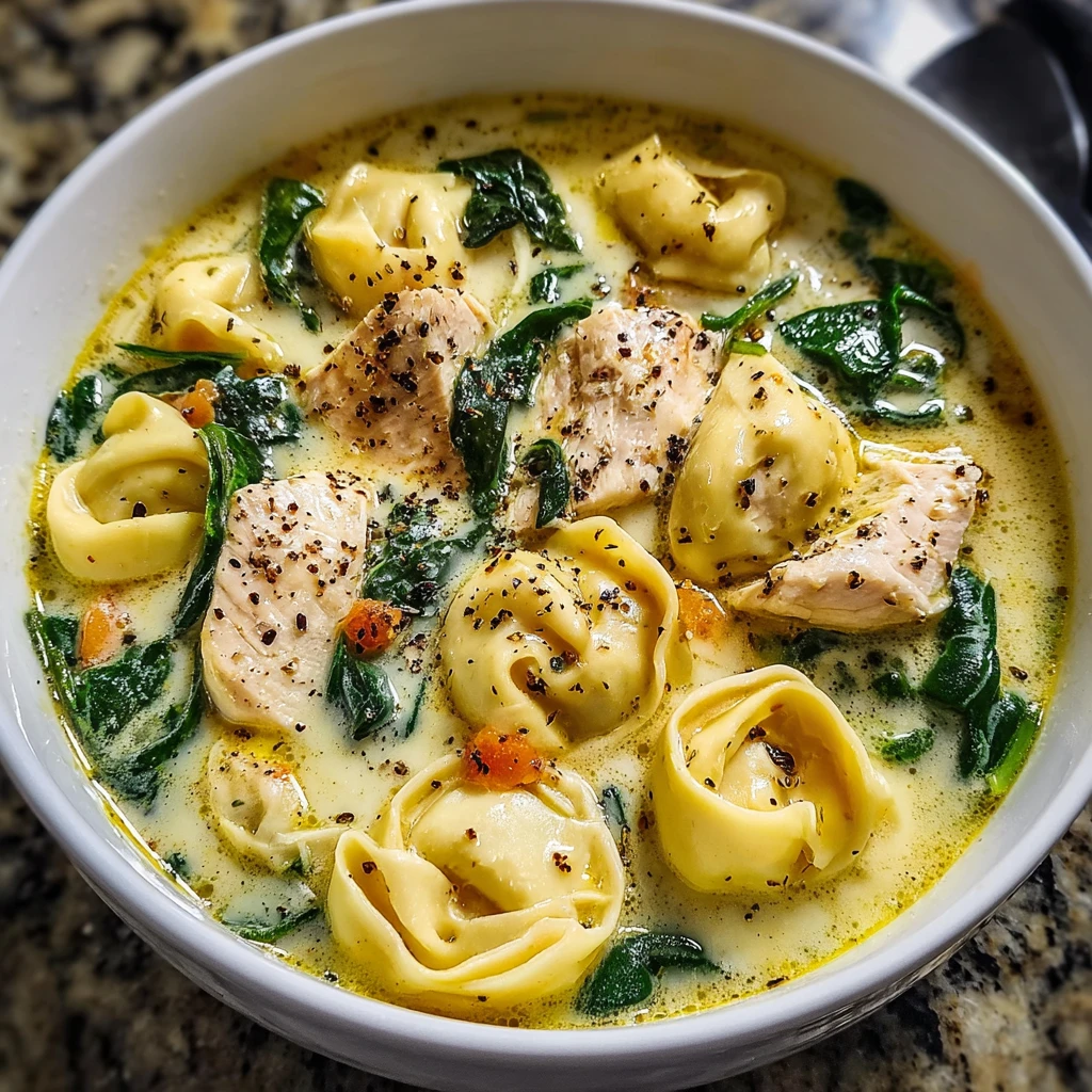 creamy chicken tortellini soup with spinach and Parmesan in a white bowl