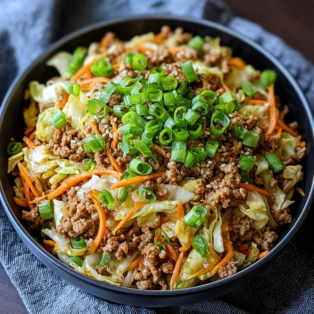 easy egg roll in a bowl with ground pork cabbage and sesame sauce in a skillet