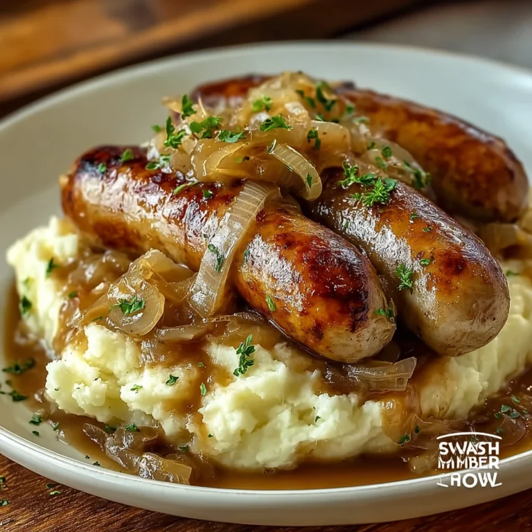slow cooker bangers and mash with rich onion gravy and creamy mashed potatoes on a plate