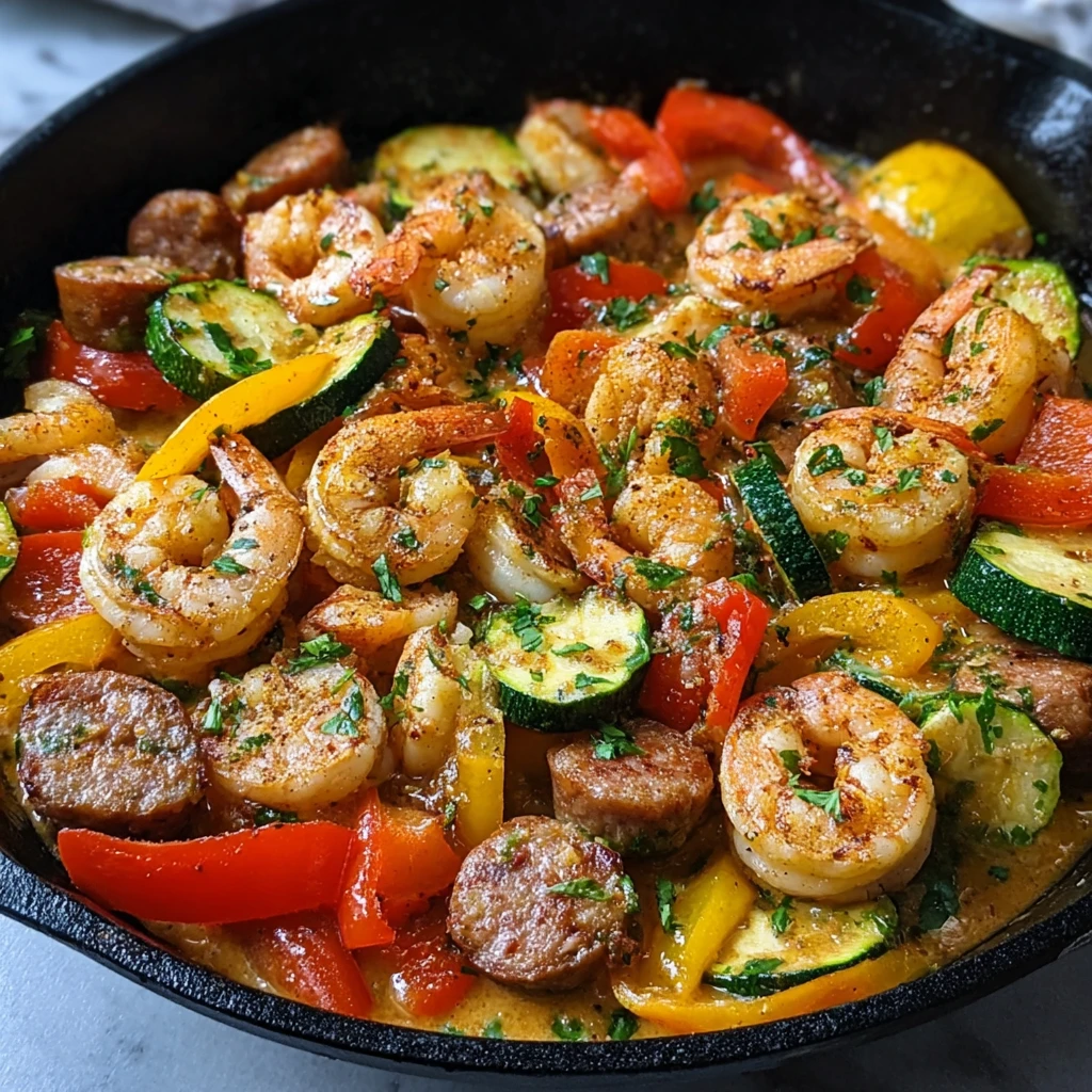 creamy keto shrimp and sausage skillet with cajun spices in a cast iron pan