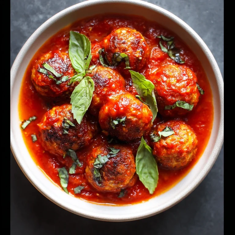 baked chicken meatballs in marinara sauce served over spaghetti in a white bowl