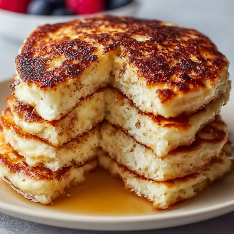 fluffy cottage cheese pancakes stacked on a plate with fresh berries and maple syrup
