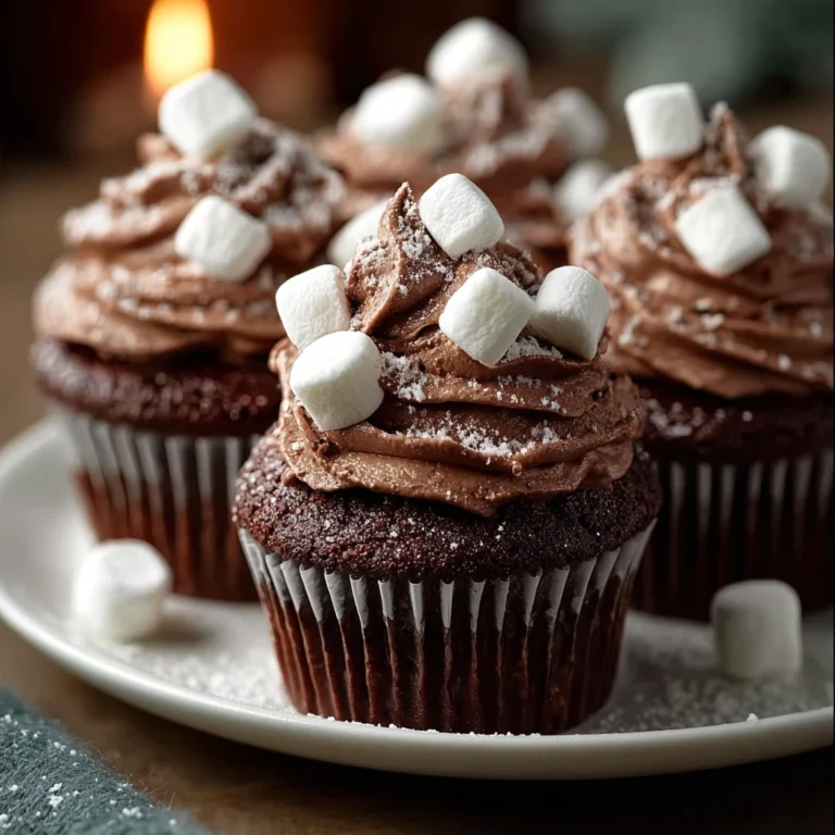 hot cocoa cupcakes with marshmallow frosting and mini marshmallows on top