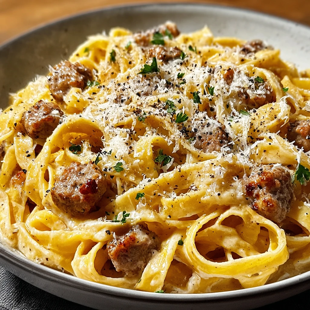 creamy Italian sausage fettuccine with Parmesan in a skillet