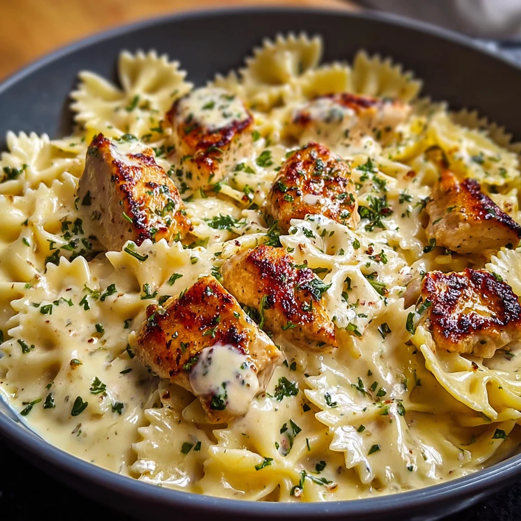 garlic butter chicken bowtie pasta with melted mozzarella in a skillet