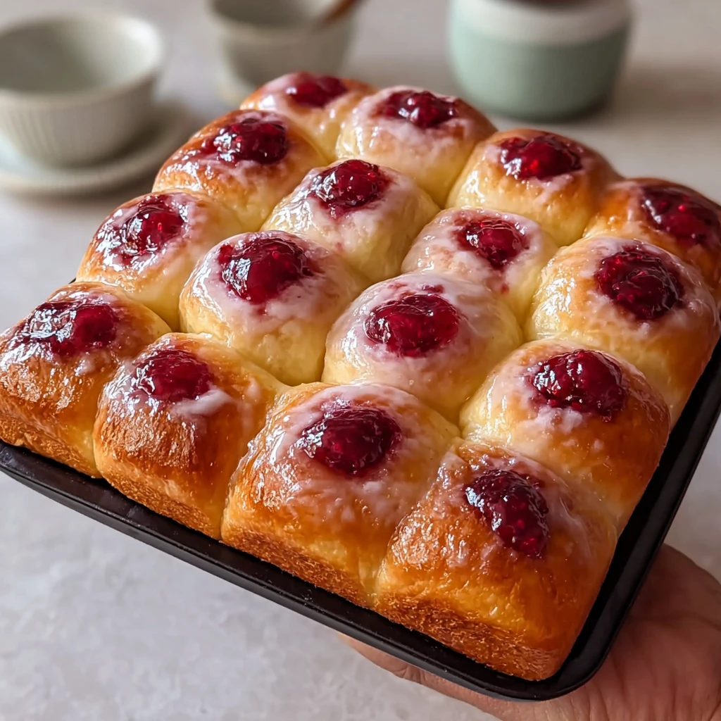 jam donut focaccia with raspberry jam pockets and vanilla glaze on a cooling rack