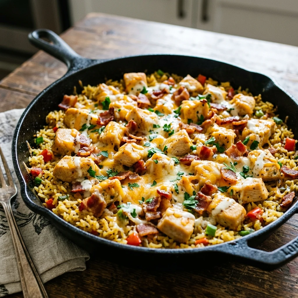 the One-Pan Cheesy Bacon Ranch Chicken and Rice Sk recipe image