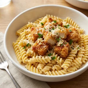 Indulge in Garlic Parmesan Chicken Bites with Creamy Rotini