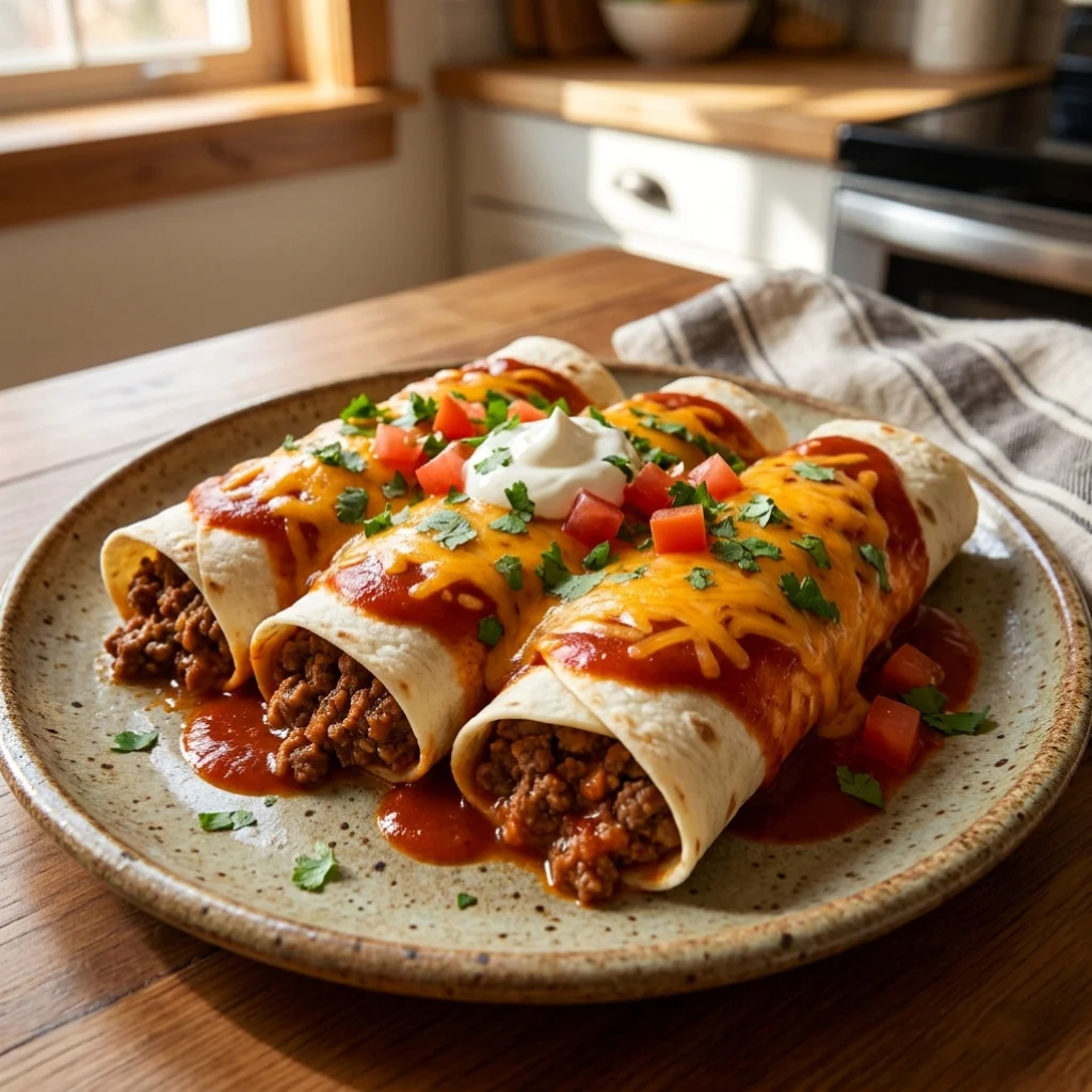 Homemade Smothered Ground Beef Burritos